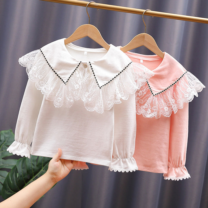 Damen Vintage Langarmshirt mit Spitzenkragen Drune