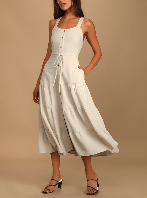 Damen Maxikleid mit nostalgischem Knopfverschluss und verstellbaren Trägern Drune