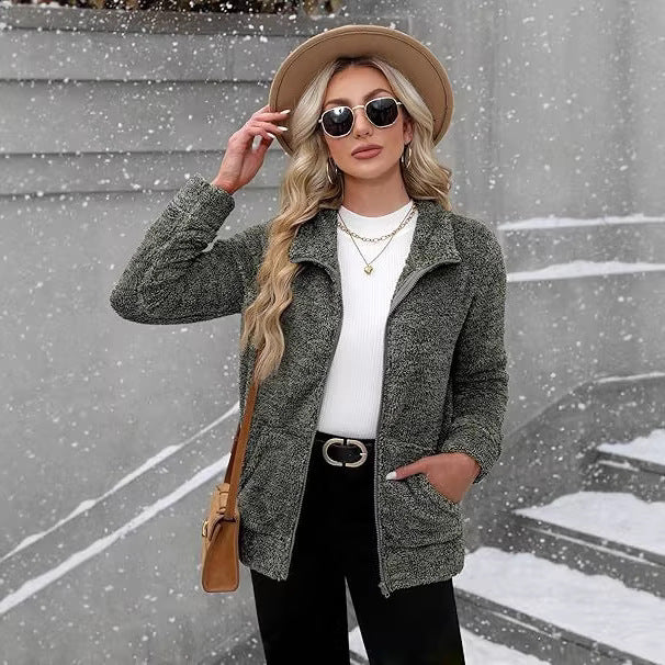 Damen nan kuschelige Teddy-Fleecejacke mit durchgehendem Reißverschluss, Stehkragen und seitlichen Eingrifftaschen Drune