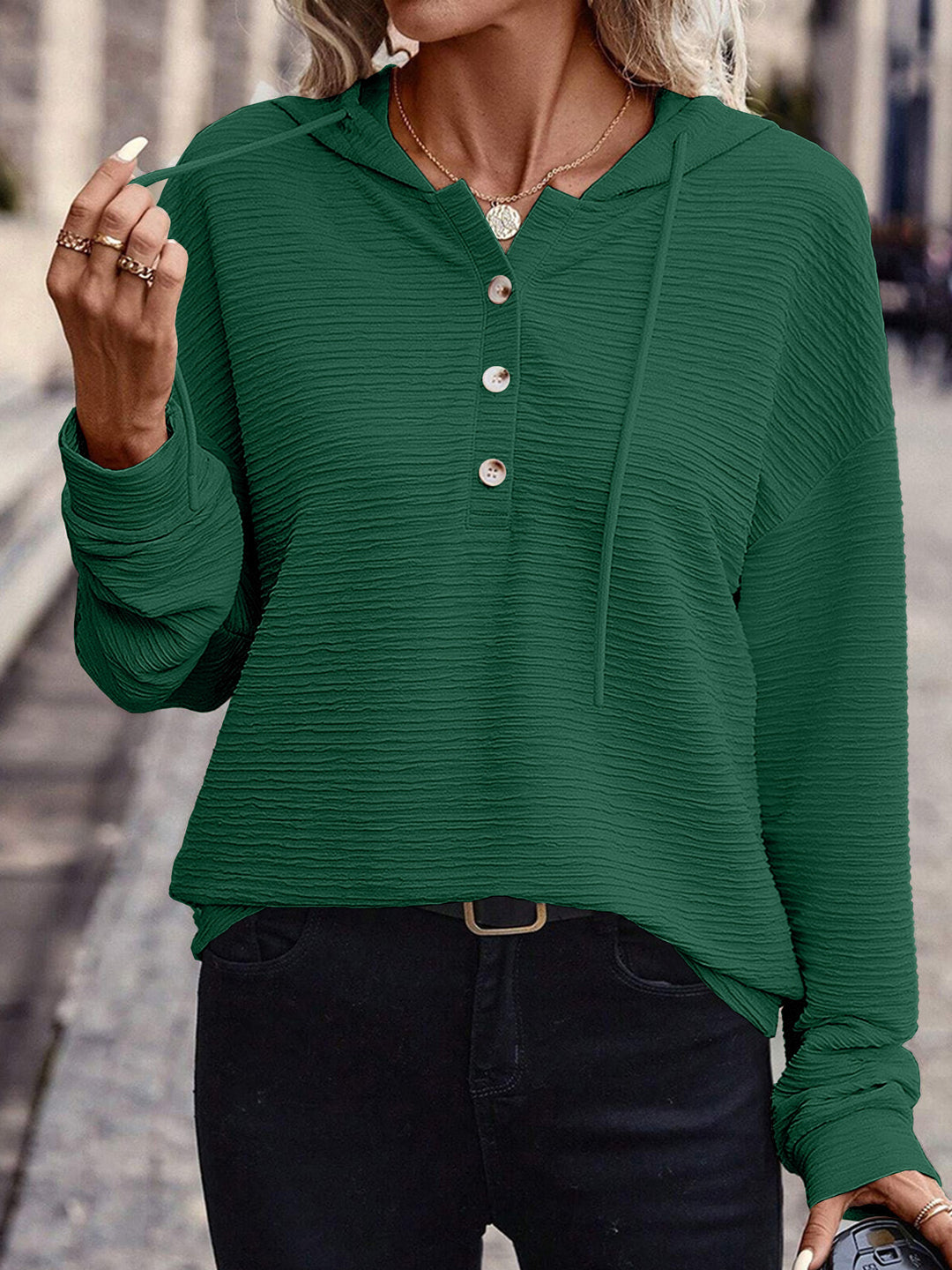Damen Texturierter Kapuzenpullover mit Knopfleiste und Oversize-Schnitt Drune