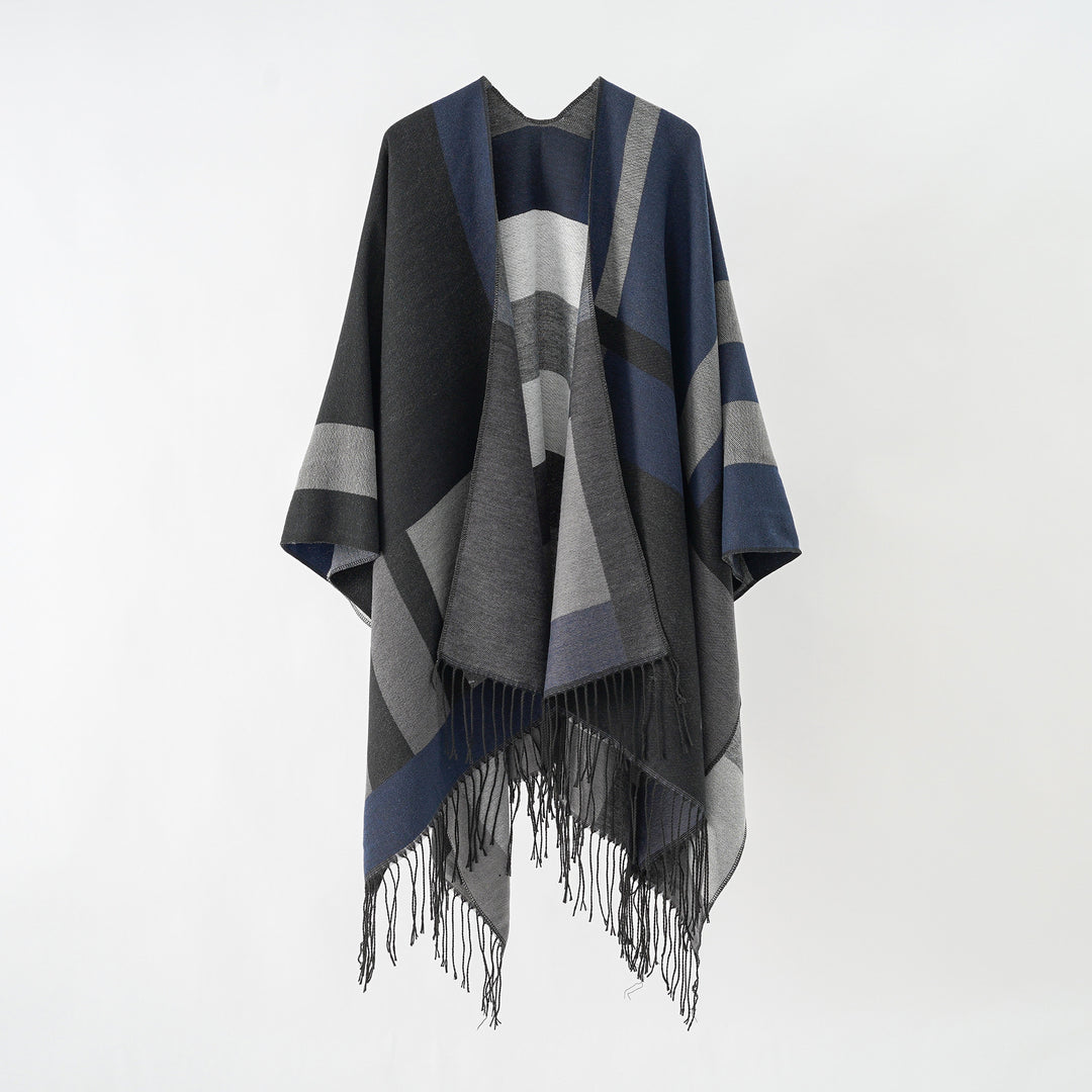 Damen Jacquard-Überwurfponcho im Cape-Schnitt mit feinem Fransensaum Drune