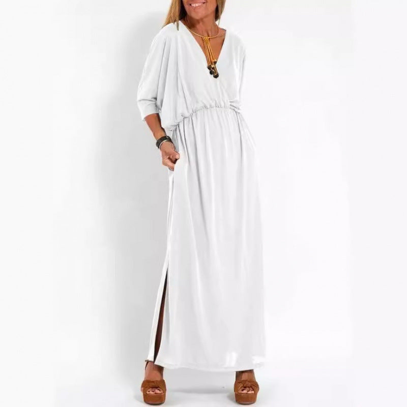 Damen lässiges Maxikleid mit V-Ausschnitt und seitlichen Schlitzen Drune