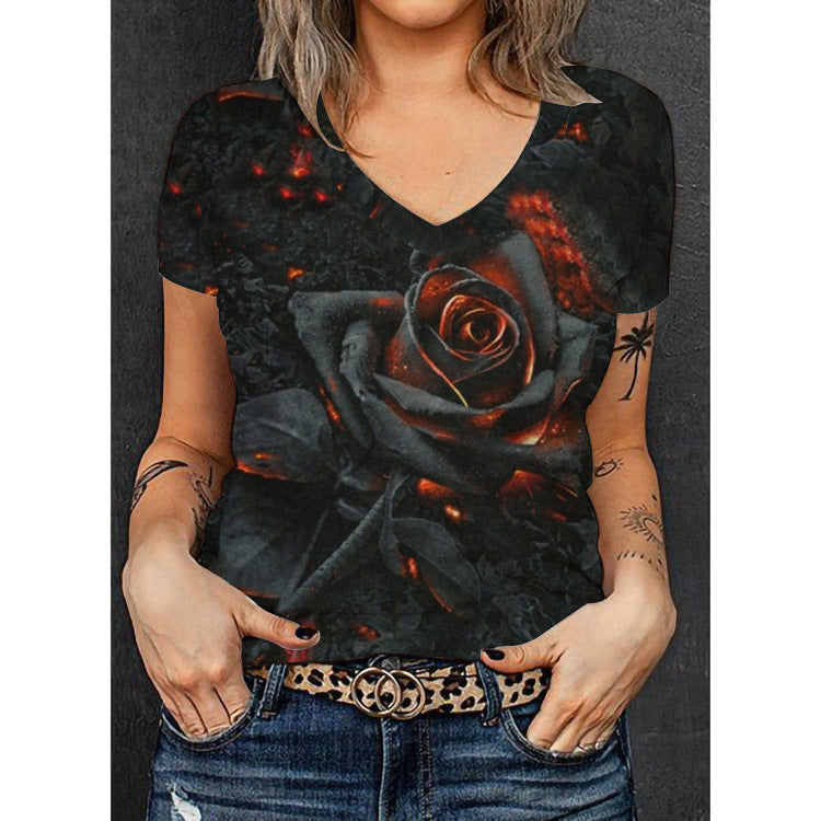 Damen V-Ausschnitt T-Shirt mit floralem Muster und Glitzerakzenten Drune
