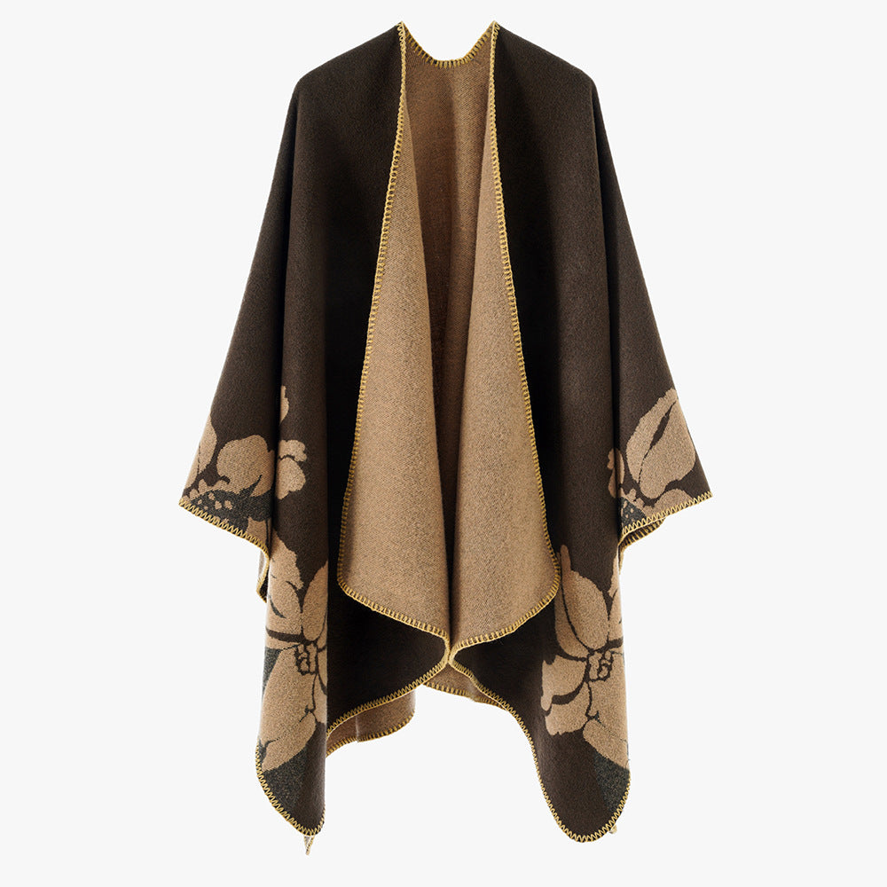 Damen Wendbarer Wollmix-Cape mit floralem Jacquard und offenem Fall Drune