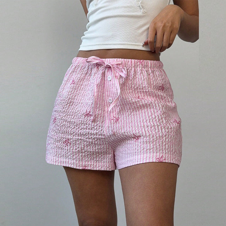 Damen kurze Schlafshorts mit niedlichem Streifenmuster und dekorativer Stickerei Drune
