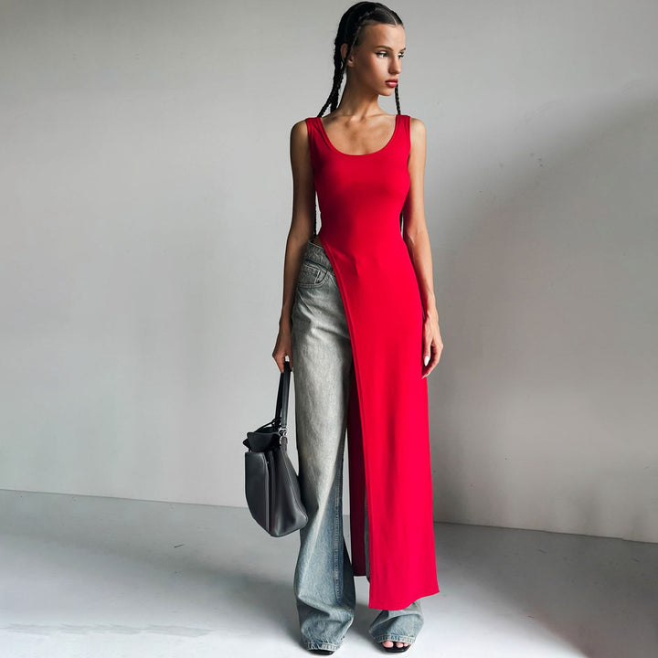 Damen Langarm Maxikleid mit hohem Schlitz Drune