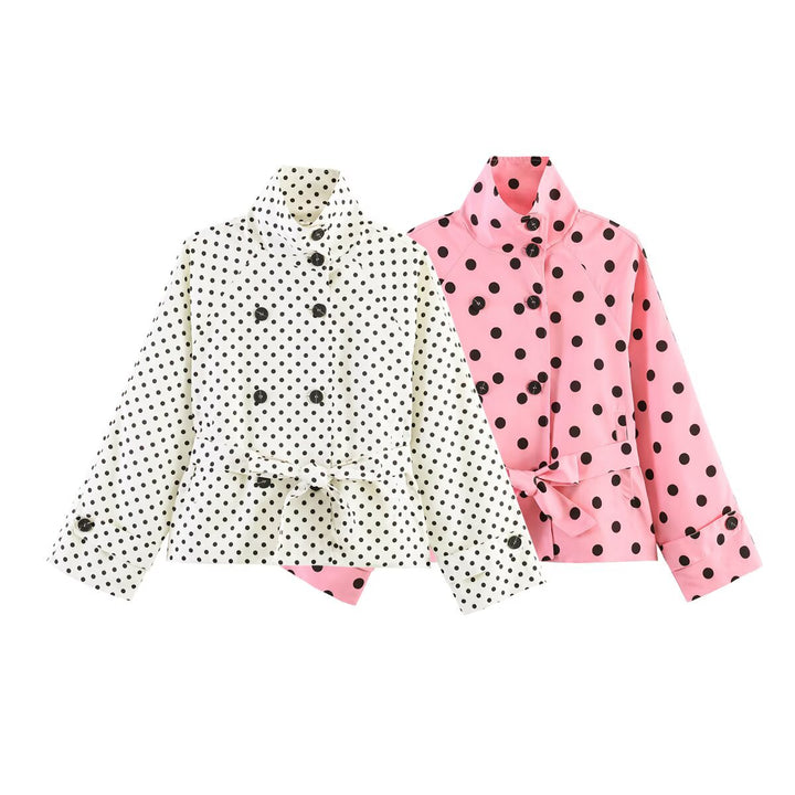 Damen Kurz geschnittener Regenmantel mit Polka-Dot-Muster und Bindegürtel Drune