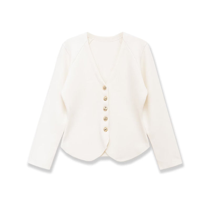 Damen Taillierter Rippstrick-Blazer-Cardigan mit V‑Ausschnitt und Zierknöpfen Drune