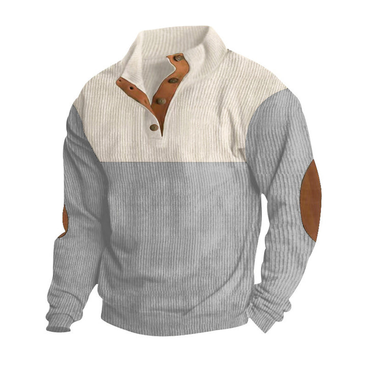 Herren nan strukturiertes Rugby-Pullover mit Stehkragen, Knopfleiste und Leder-Ellenbogenpatches Drune