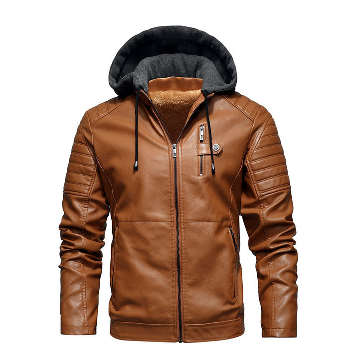 Herren Modische Lederjacke mit Kapuze Drune