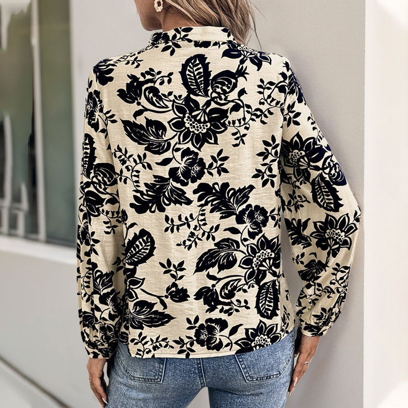 Damen Bluse mit floralem Design und Stehkragen Drune