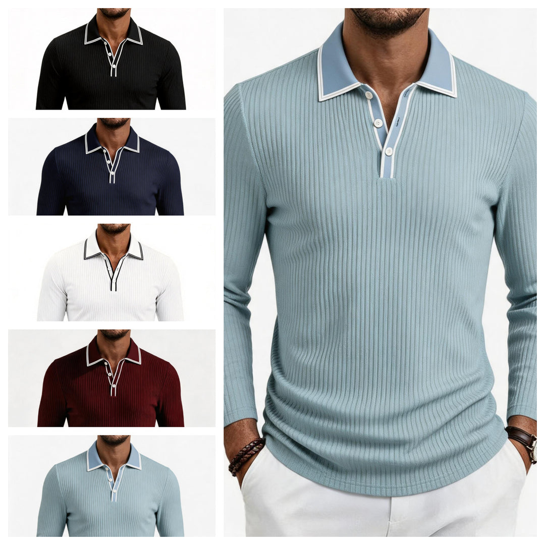 Herren fein geripptes Langarm-Poloshirt aus elastischer Merino-Mixqualität mit Kontrastkanten Drune