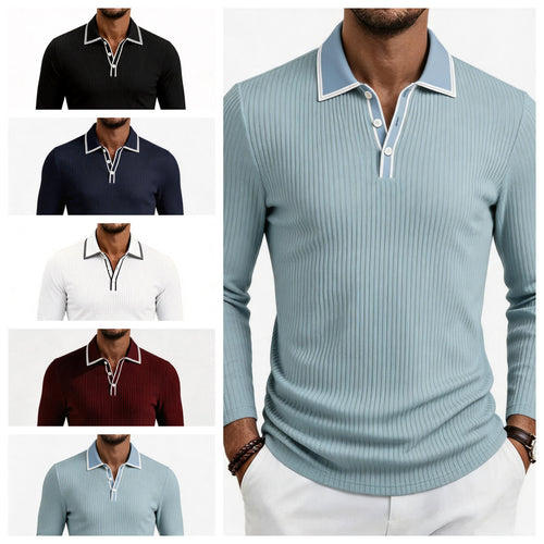 Herren fein geripptes Langarm-Poloshirt aus elastischer Merino-Mixqualität mit Kontrastkanten Drune