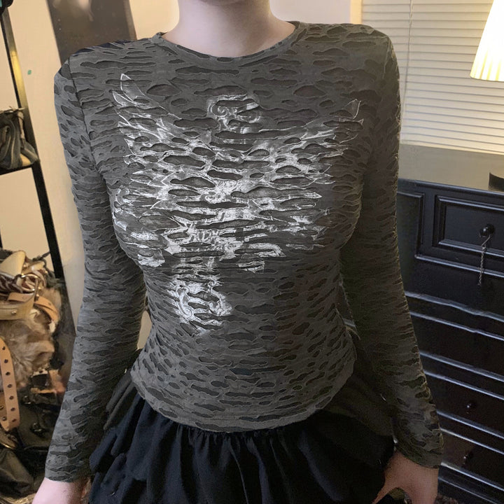 Damen Figurbetontes strukturiertes Langarmshirt mit metallischem Skelettprint Drune