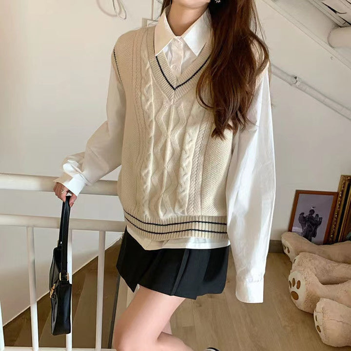 Damen Strickpullover mit V-Ausschnitt und geometrischem Zopfmuster Drune