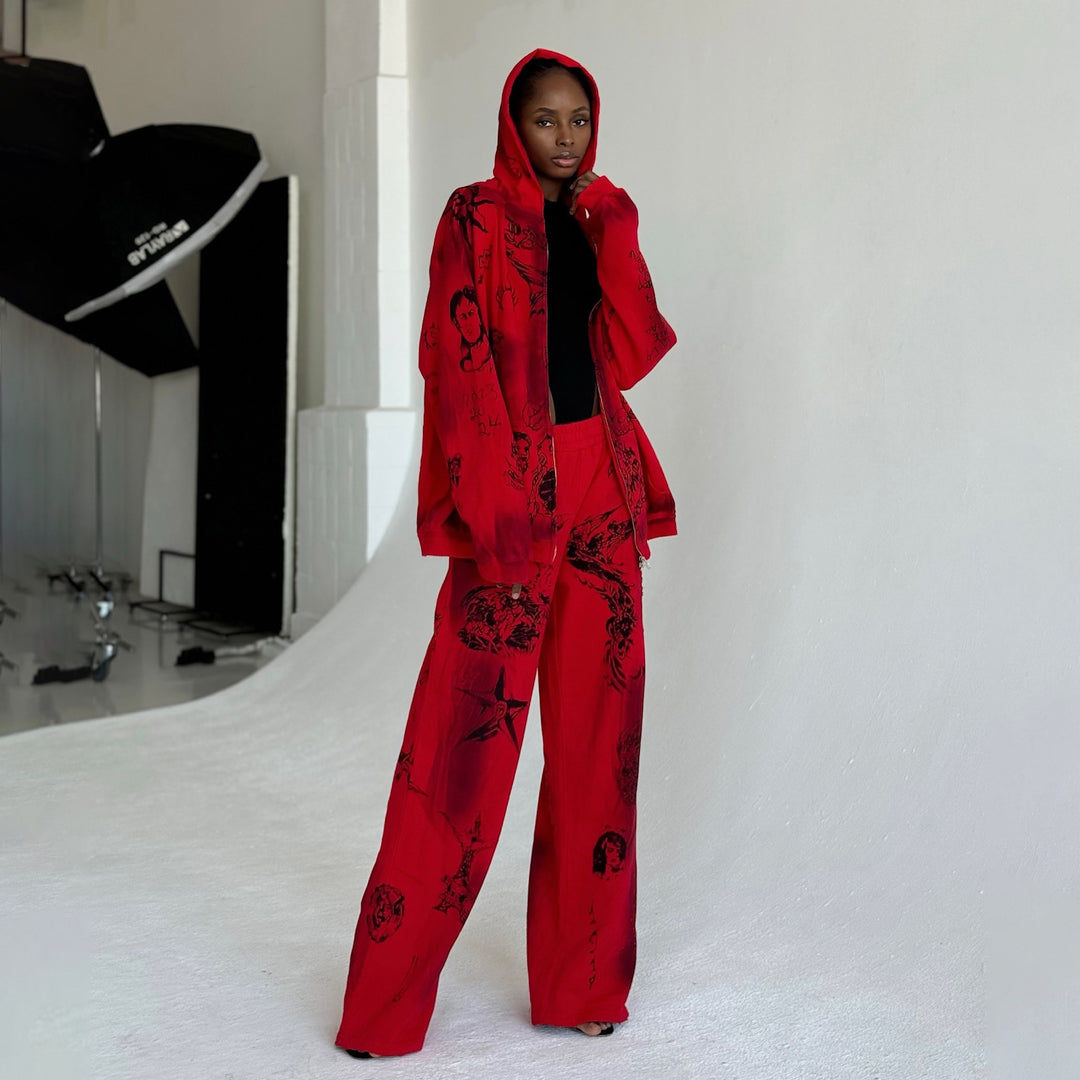 Damen Sportlicher Oversized Set mit einzigartigen Grafiken und Kapuze Drune