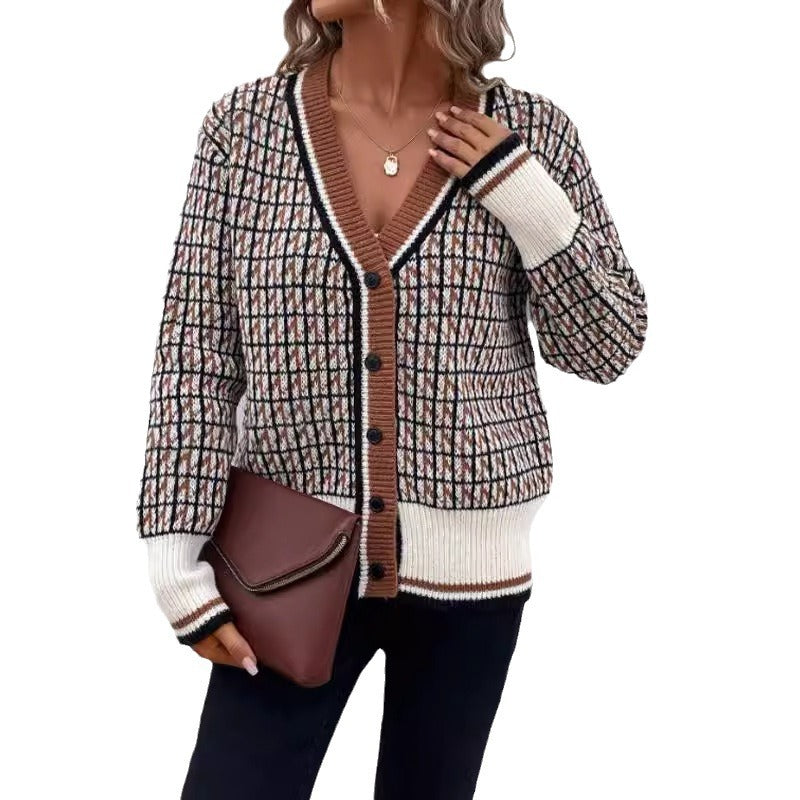 Damen Modische Strickjacke mit detailreichem Karo-Muster und handgearbeiteten Knöpfen Drune