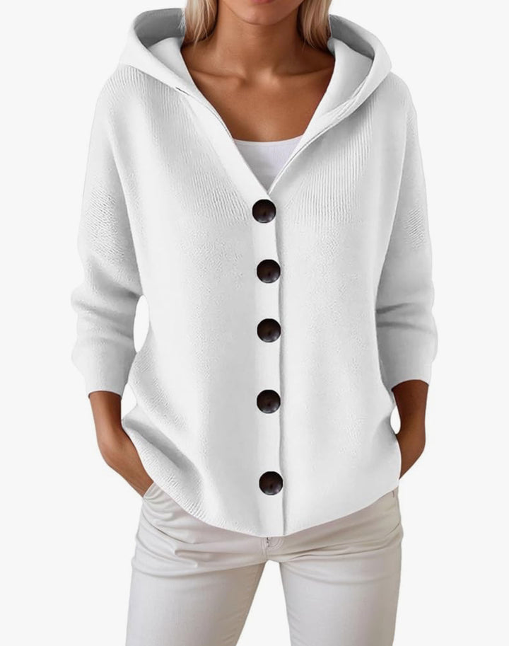 Damen Kapuzen-Strickjacke mit großen Holzknöpfen und seitlichen Eingrifftaschen Drune