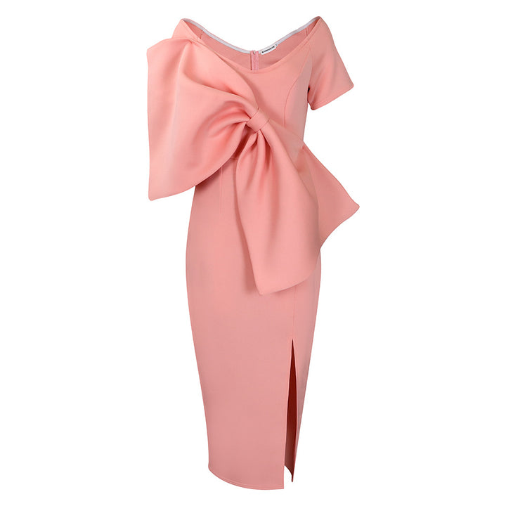 Damen figurbetontes Kleid mit voluminösem Schleifen-Detail und modernem Schlitz Drune