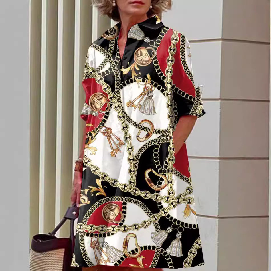 Damen nan A-Linien Hemdblusenkleid mit aufgekrempelten 3/4-Ärmeln und seitlichen Eingrifftaschen Drune
