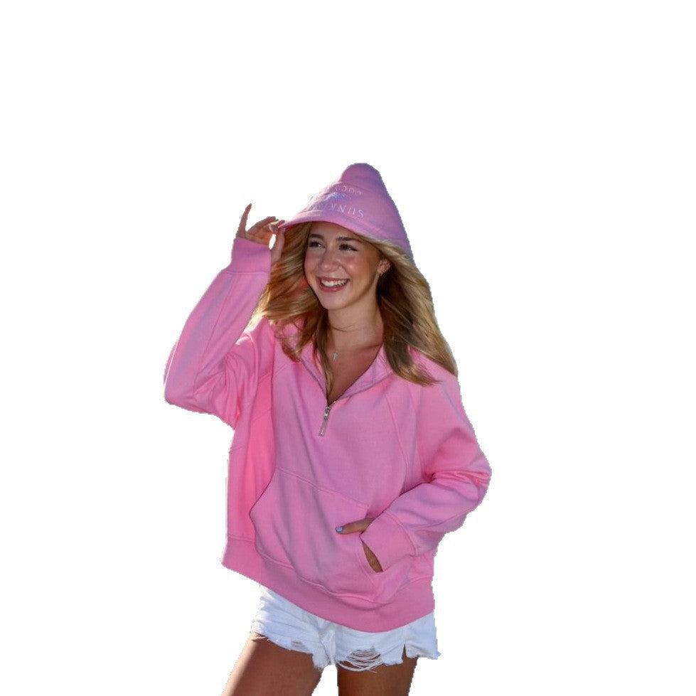Damen oversized Kapuzenpullover mit kurzem Reißverschluss, Kängurutasche und leichtem Fleecefutter Drune