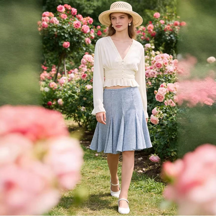 Damen Zarte Langarm‑Bluse aus Crinkle‑Chiffon mit tiefem V‑Ausschnitt, Smok‑Taille und Volantsaum Drune