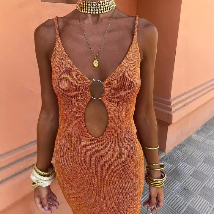 Damen figurbetontes Strickkleid mit Ausschnitt und Trägerdesign Drune