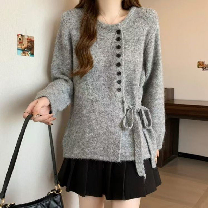 Damen Strickjacke mit seitlichem Bindeband und Knopfdetails Drune