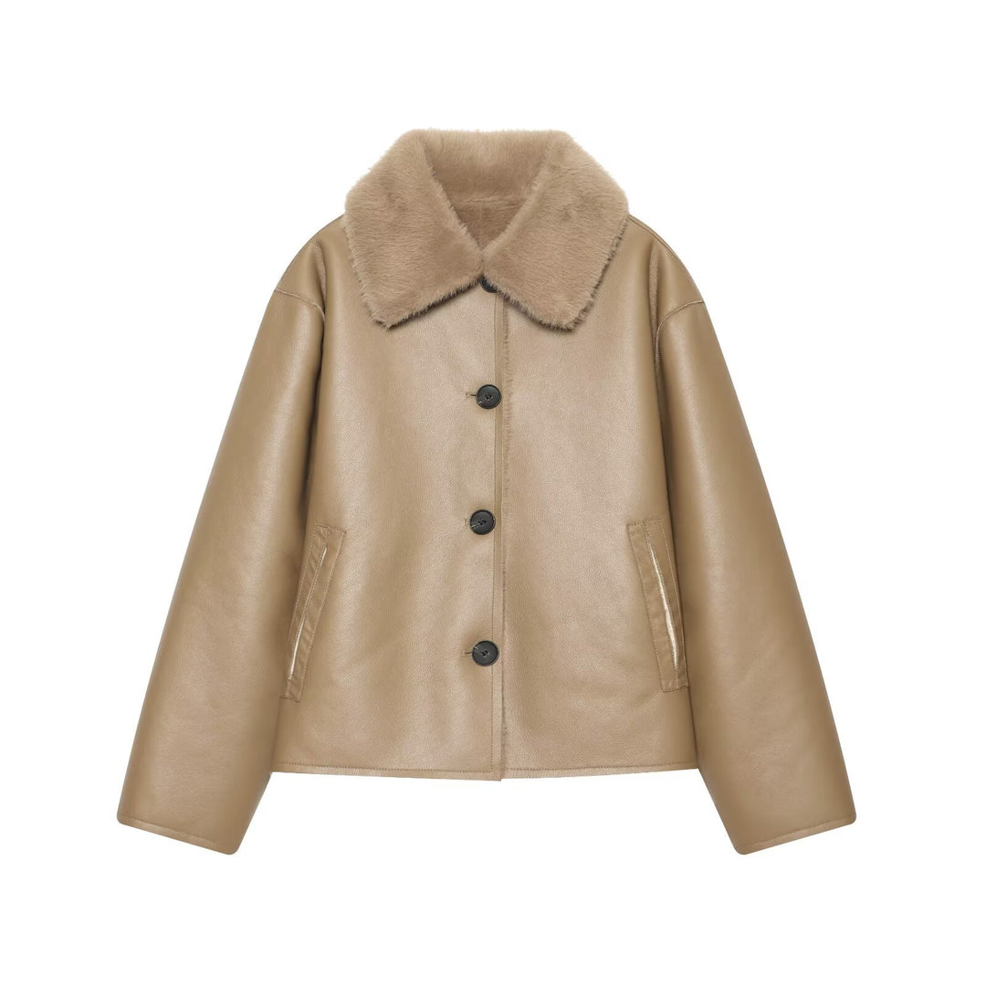 Damen Kurzjacke im Aviator-Style aus Kunstleder mit breitem Fellkragen Drune