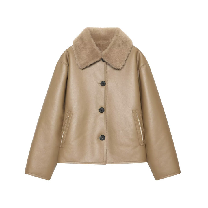 Damen Kurzjacke im Aviator-Style aus Kunstleder mit breitem Fellkragen Drune