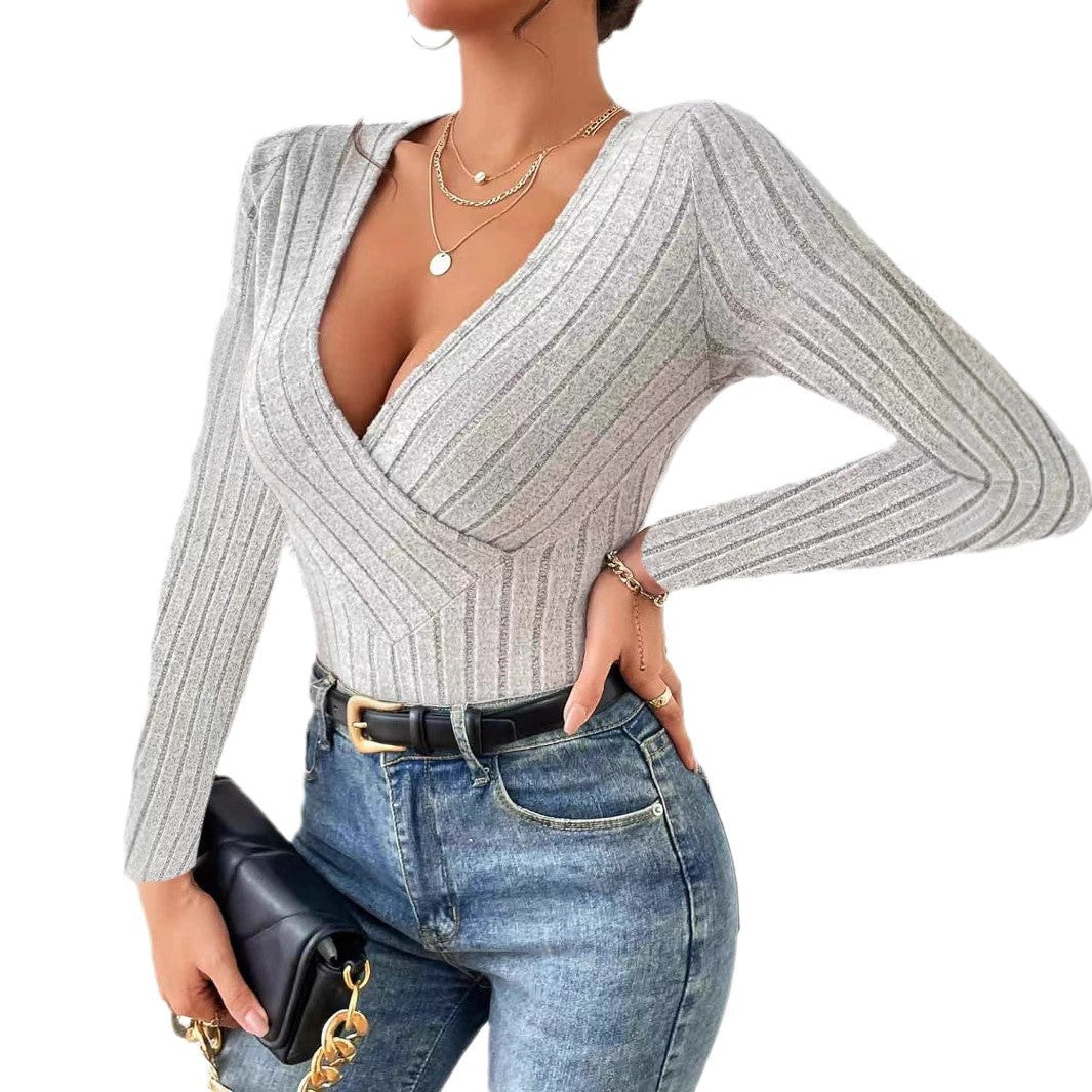 Damen Strickoberteil mit V-Ausschnitt und eleganten Rippdetails Drune