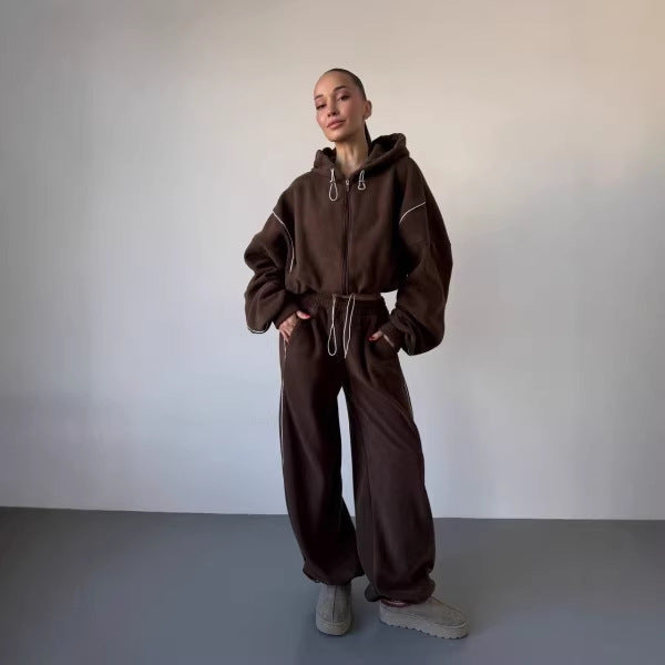 Damen gekürztes Zip-Hoodie mit Tunnelzug und hochgeschnittener weiter Fleece-Loungehose Drune