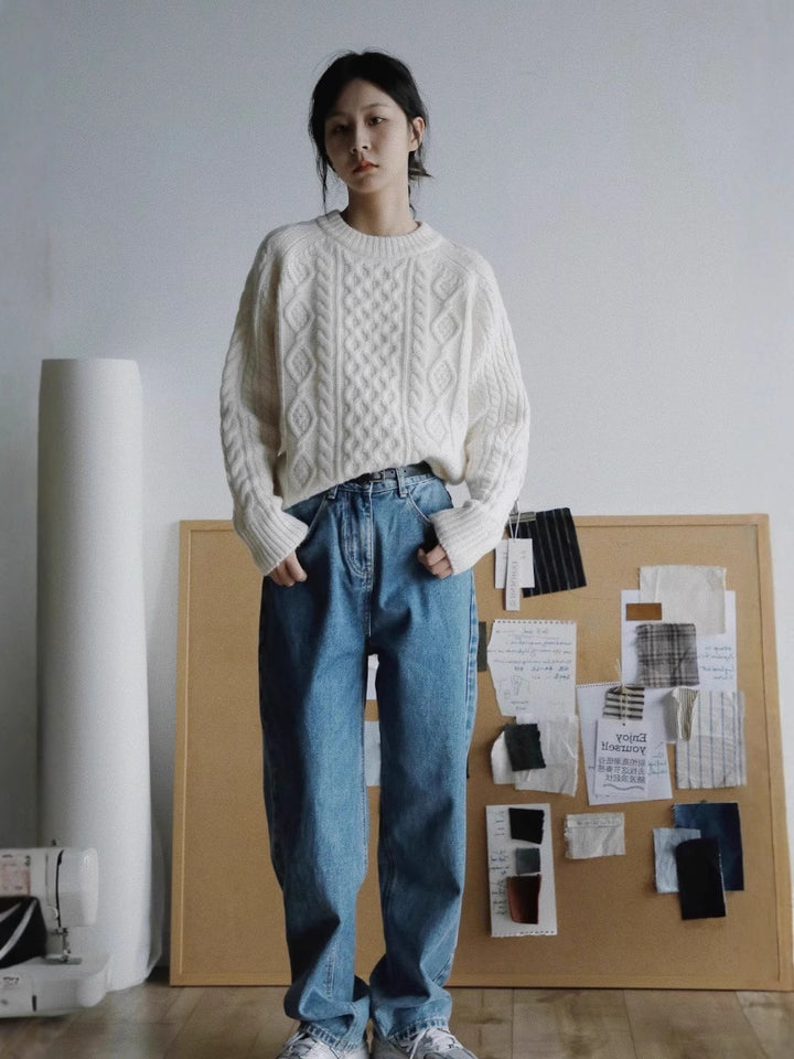 Damen Strukturierter Zopfmuster-Pullover aus Merino-Mix mit gerippten Abschlüssen und kastiger Passform Drune