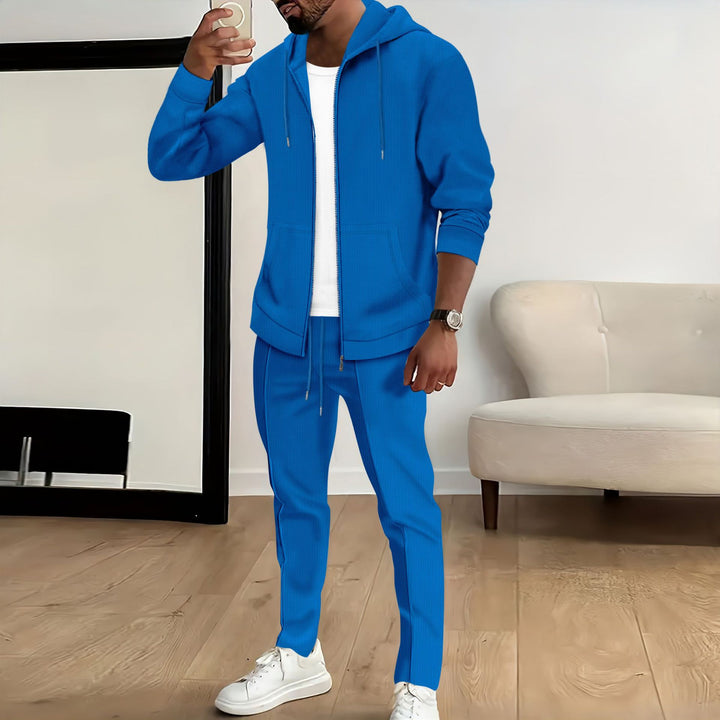 Herren nan Zip-Hoodie und schlanke Jogginghose-Set mit Strukturjersey, Kängurutaschen und elastischem Kordelbund Drune