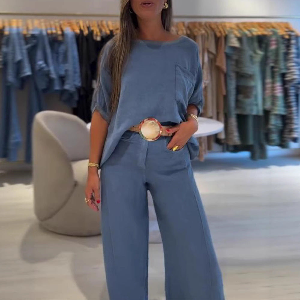 Damen nan lässiges Leinenmix-Zweiteiler mit kastigem Oversize-Top, aufgesetzter Brusttasche und weitem Palazzo-Hosenbein Drune