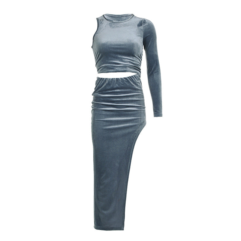 Damen elegantes, figurbetontes Maxikleid mit asymmetrischem Saum und langen Ärmeln Drune