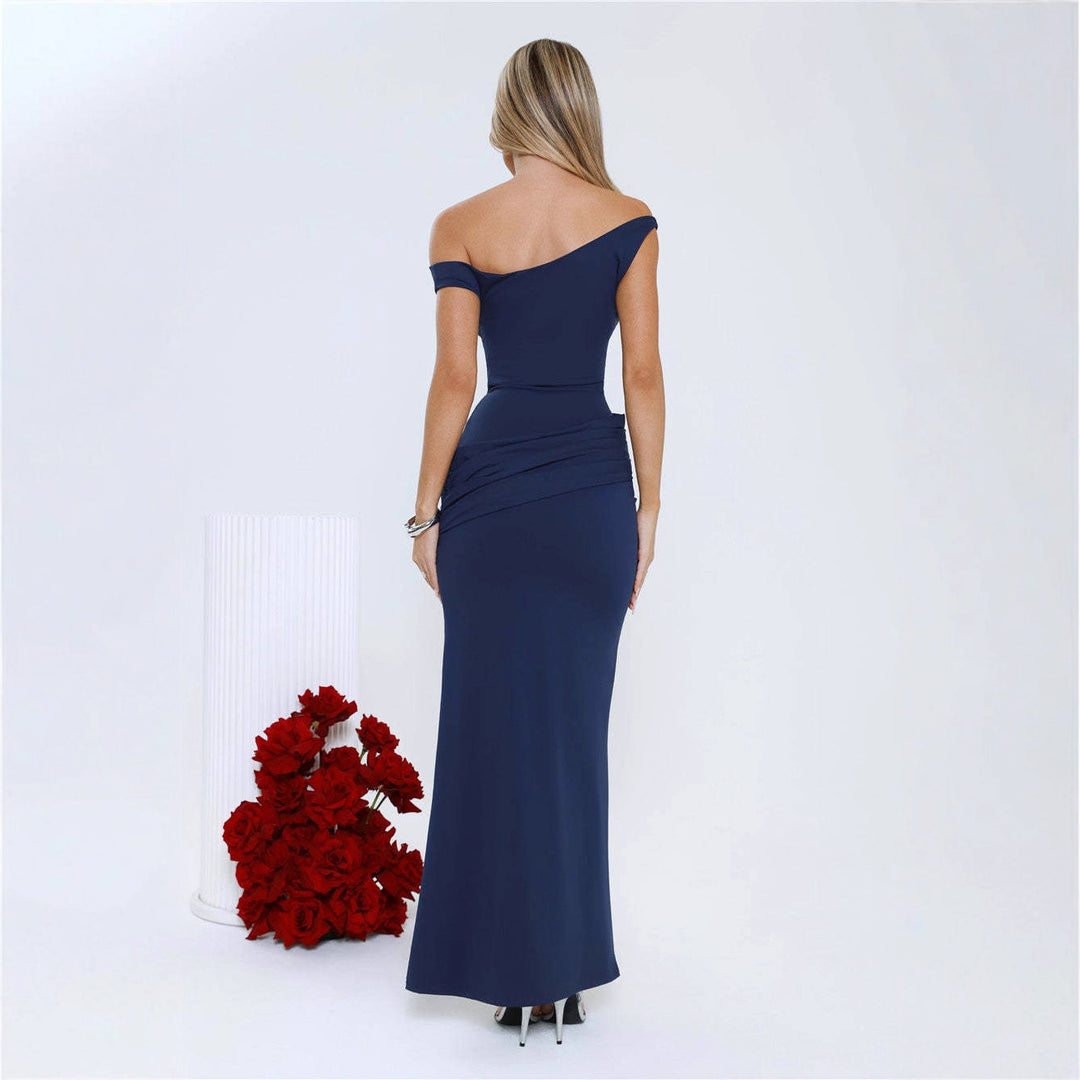 Damen figurbetontes Maxikleid mit schulterfreiem Design und Raffungselementen Drune