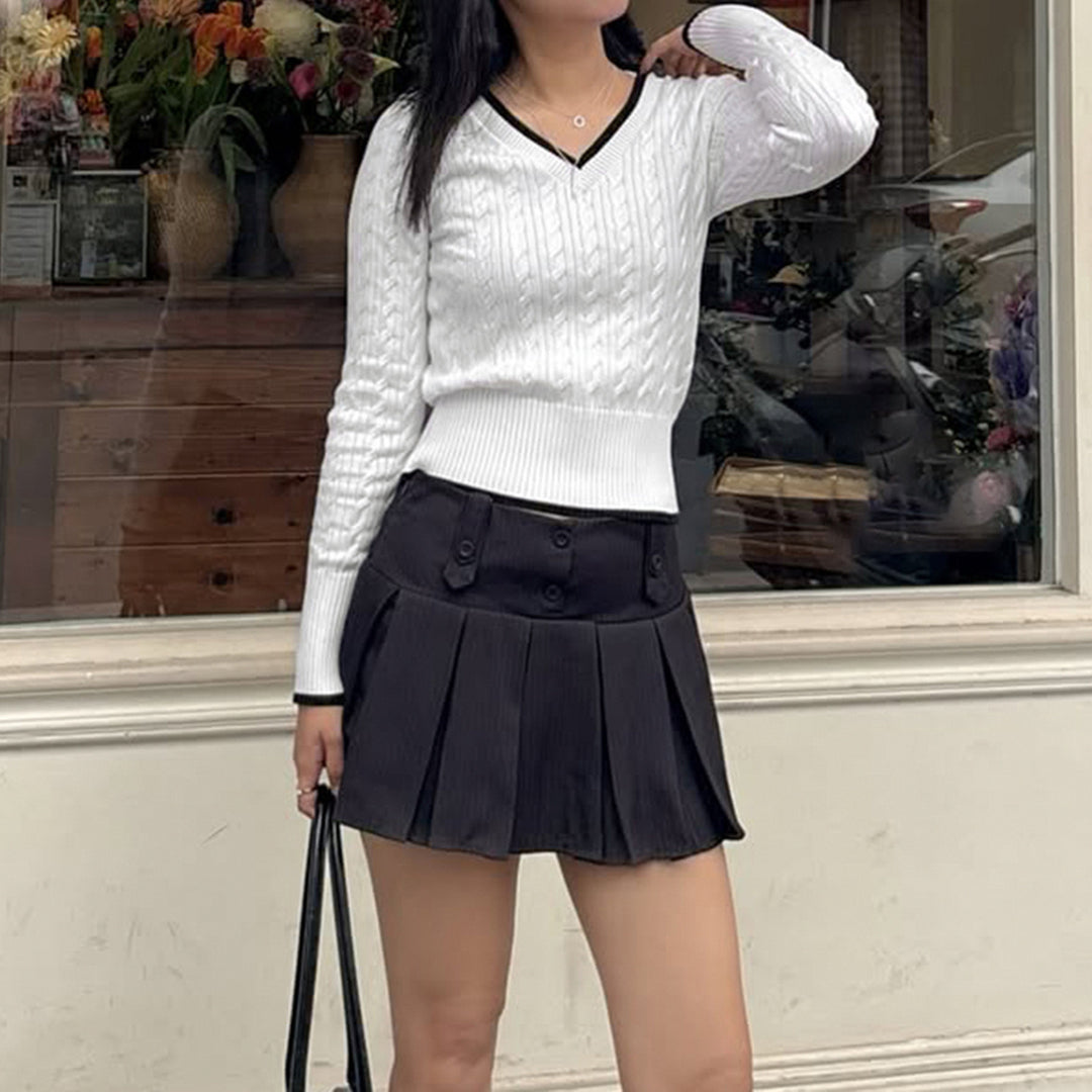 Damen Feinstrick-Pullover mit Zopfmuster, V-Ausschnitt und kontrastierendem Saum Drune