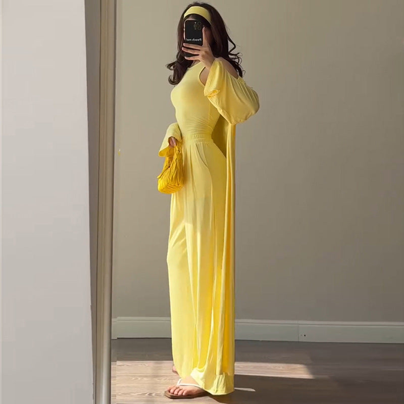 Damen Loungewear-Kombination mit fließendem Kimono und bequemer Hose Drune