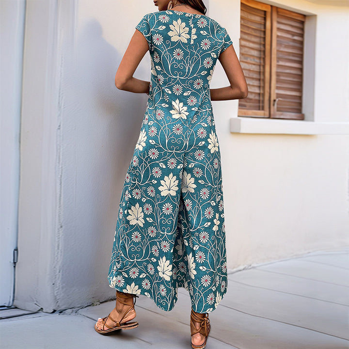 Damen Jumpsuit mit floralem Design und kastanienbraunem Bindegürtel Drune