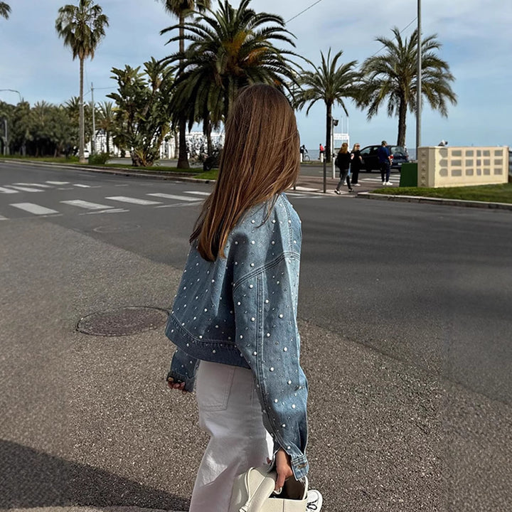 Damen Gekürzte Denim-Jacke mit Perlenbesatz und Oversize-Ärmeln Drune