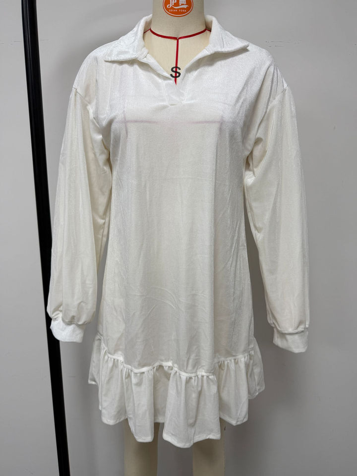 Damen Samt-Minikleid mit Volant-Saum, Ballonärmeln und Hemdkragen Drune