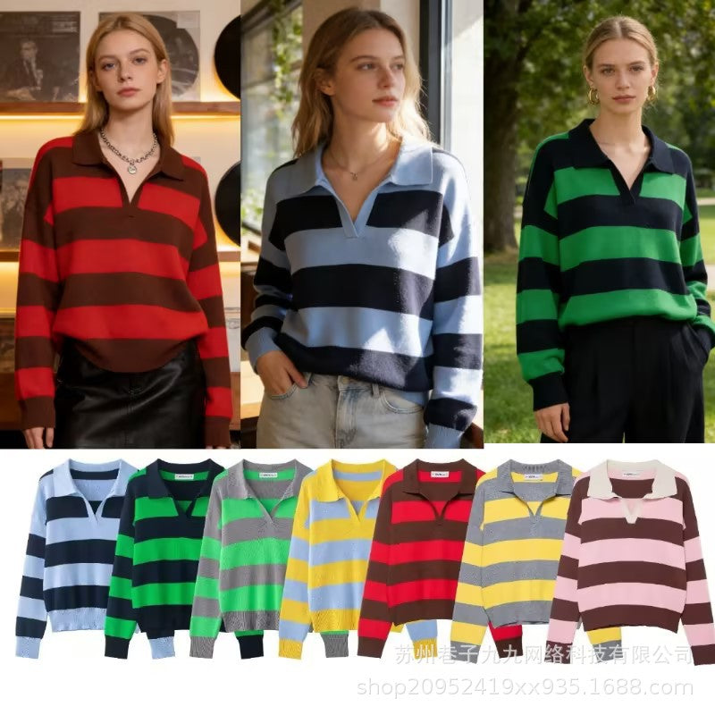 Damen Gestreifter Oversize-Rugby-Pullover mit Polokragen und V-Ausschnitt Drune