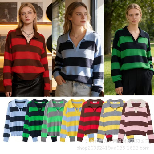 Damen Gestreifter Oversize-Rugby-Pullover mit Polokragen und V-Ausschnitt Drune