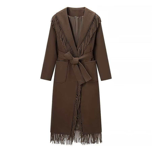 Damen Langer Fransen-Wollmix-Mantel mit Kapuze, Bindegürtel und aufgesetzten Taschen Drune