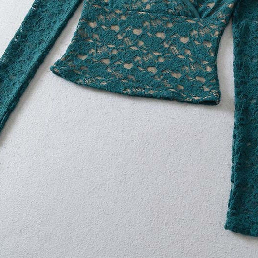 Damen Figurbetontes Spitzentop mit Wickel‑V‑Ausschnitt und langen Ärmeln Drune
