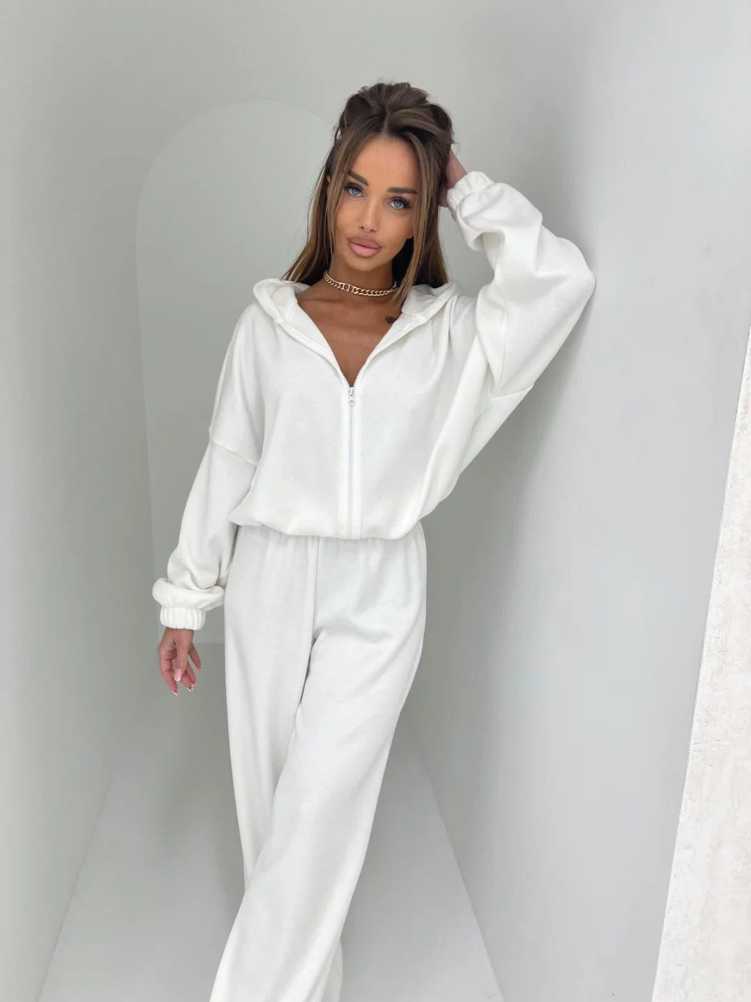 Damen Loungewear-Anzug aus weichem Fleece mit Kapuze und weitem Schnitt Drune
