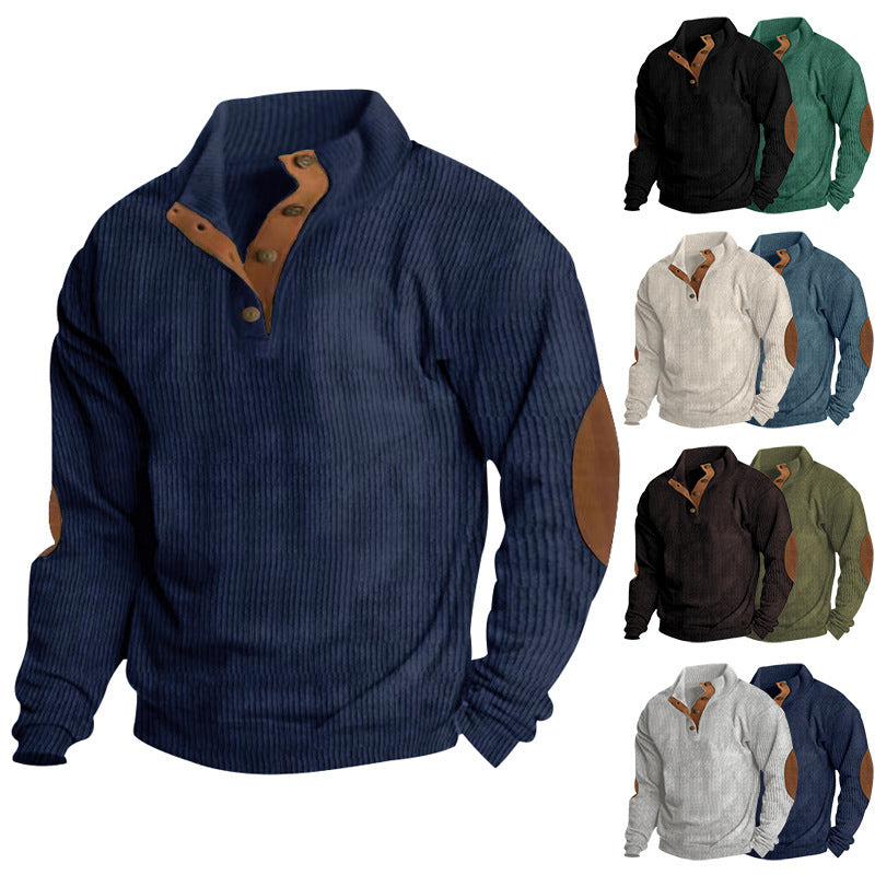 Herren Gerippter Henley-Pullover mit Stehkragen, Knopfleiste & Leder-Ellbogenpatches Drune