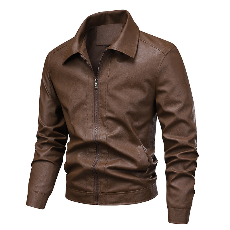 Herren Slim-Fit Kunstleder-Fliegerjacke mit Hemdkragen und Reißverschluss Drune