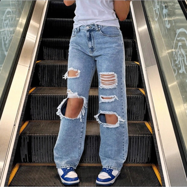 Damen High‑Waist Baggy-Jeans mit großflächigen Knie-Rips und geradem Bein Drune
